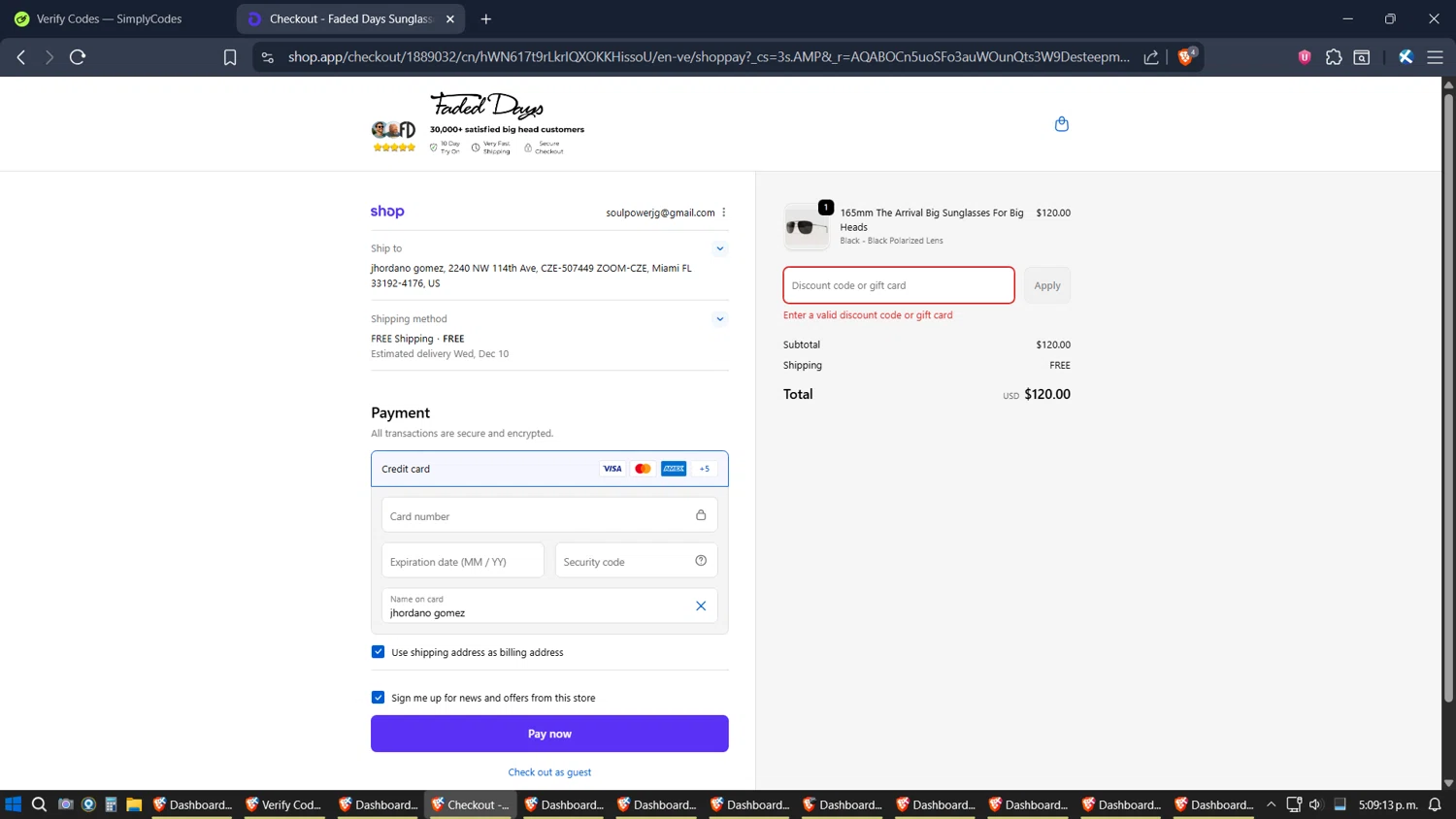 Faded Days discount code screenshot showing code CyberPipe applied at Faded Days checkout page. Uploaded by SimplyCodes community member ZoilaPerrita on Dec 3, 2025