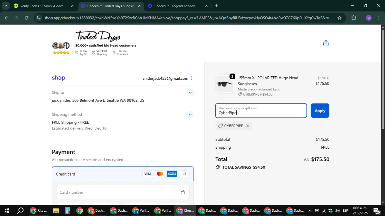 Faded Days discount code screenshot showing code CyberPipe applied at Faded Days checkout page. Uploaded by SimplyCodes community member sniderjack453 on Dec 2, 2025