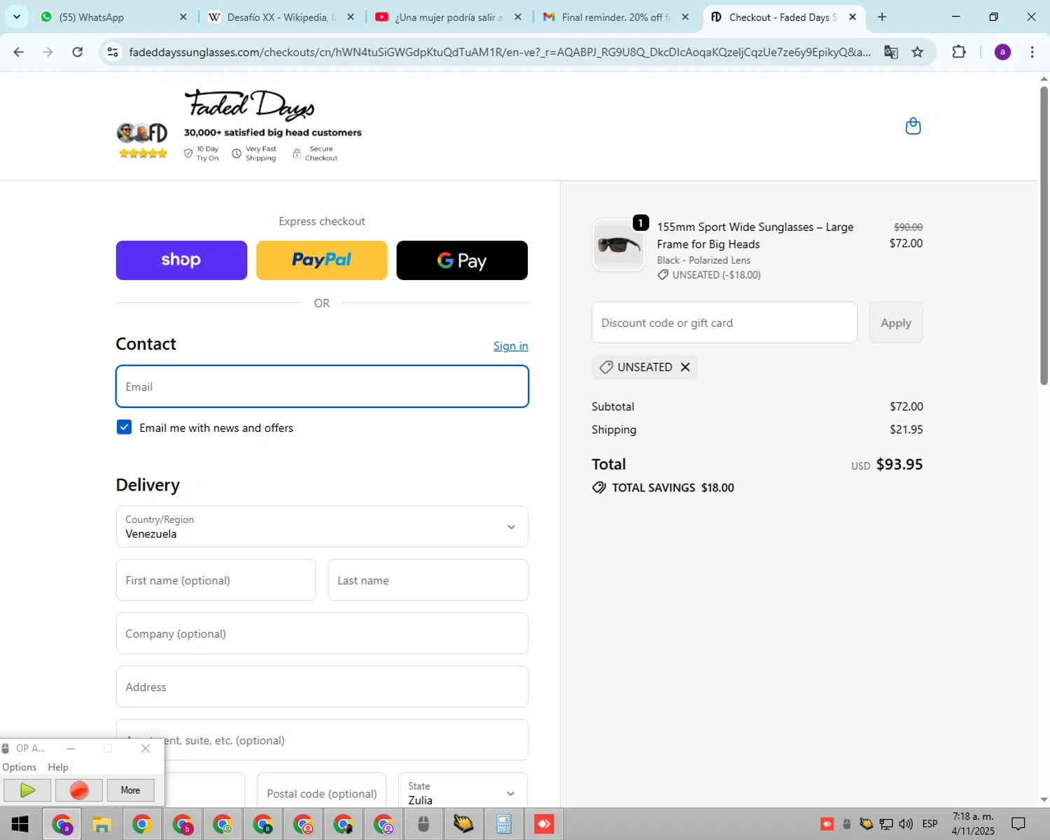 Faded Days discount code screenshot showing code UNSEATED applied at Faded Days checkout page. Uploaded by SimplyCodes community member CleverHunter8386 on Nov 4, 2025