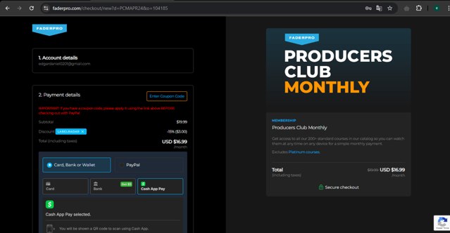 FaderPro checkout page showing FaderPro promo code box | Screenshot taken by SimplyCodes community member on Apr 14, 2025