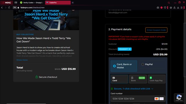 FaderPro checkout page showing FaderPro promo code box | Screenshot taken by SimplyCodes community member on Apr 4, 2025