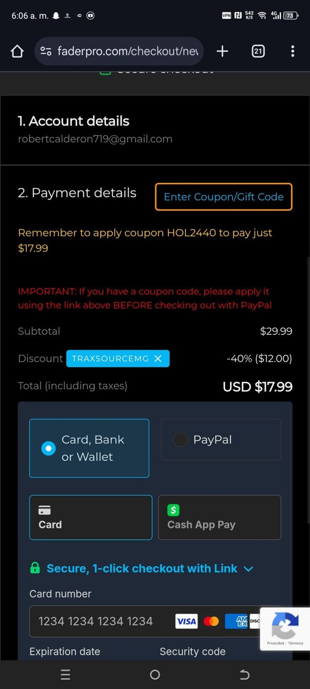 FaderPro checkout page showing FaderPro promo code box | Screenshot taken by SimplyCodes community member on Dec 27, 2024