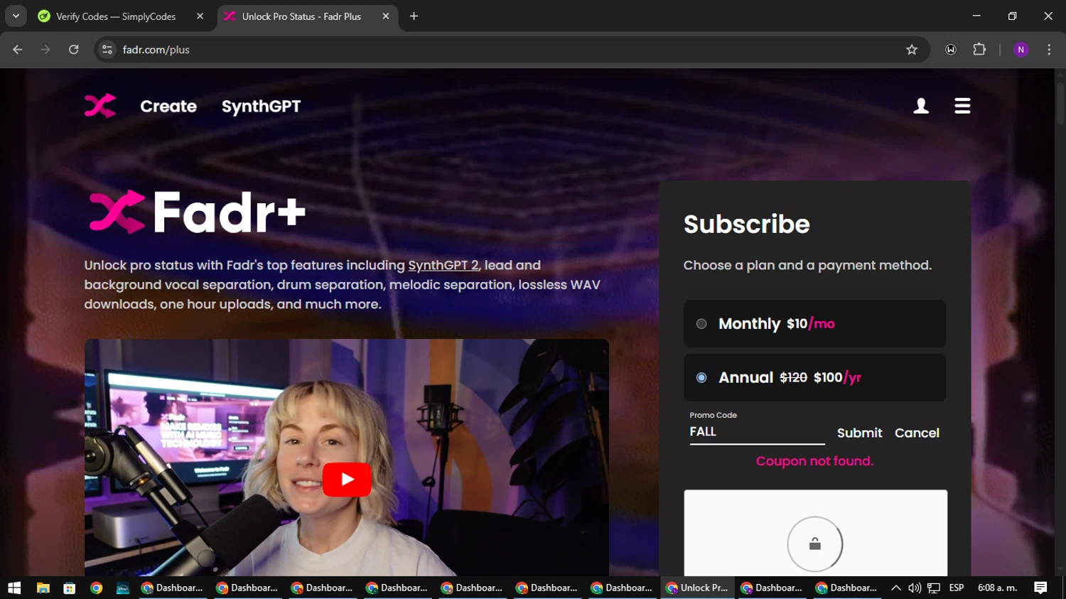 Fadr promo code screenshot showing code FALL applied at Fadr checkout page. Uploaded by SimplyCodes community member NATAAAAAANAELCANO on Mar 20, 2025
