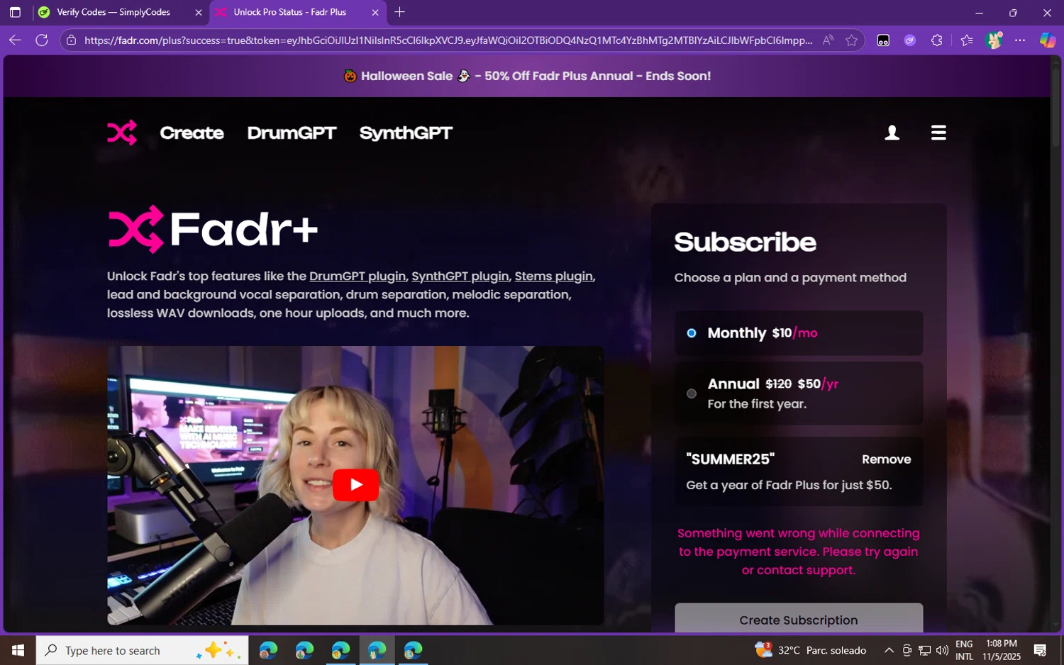 Fadr promo code screenshot showing code SUMMER25 applied at Fadr checkout page. Uploaded by SimplyCodes community member fghfgefds2 on Nov 5, 2025