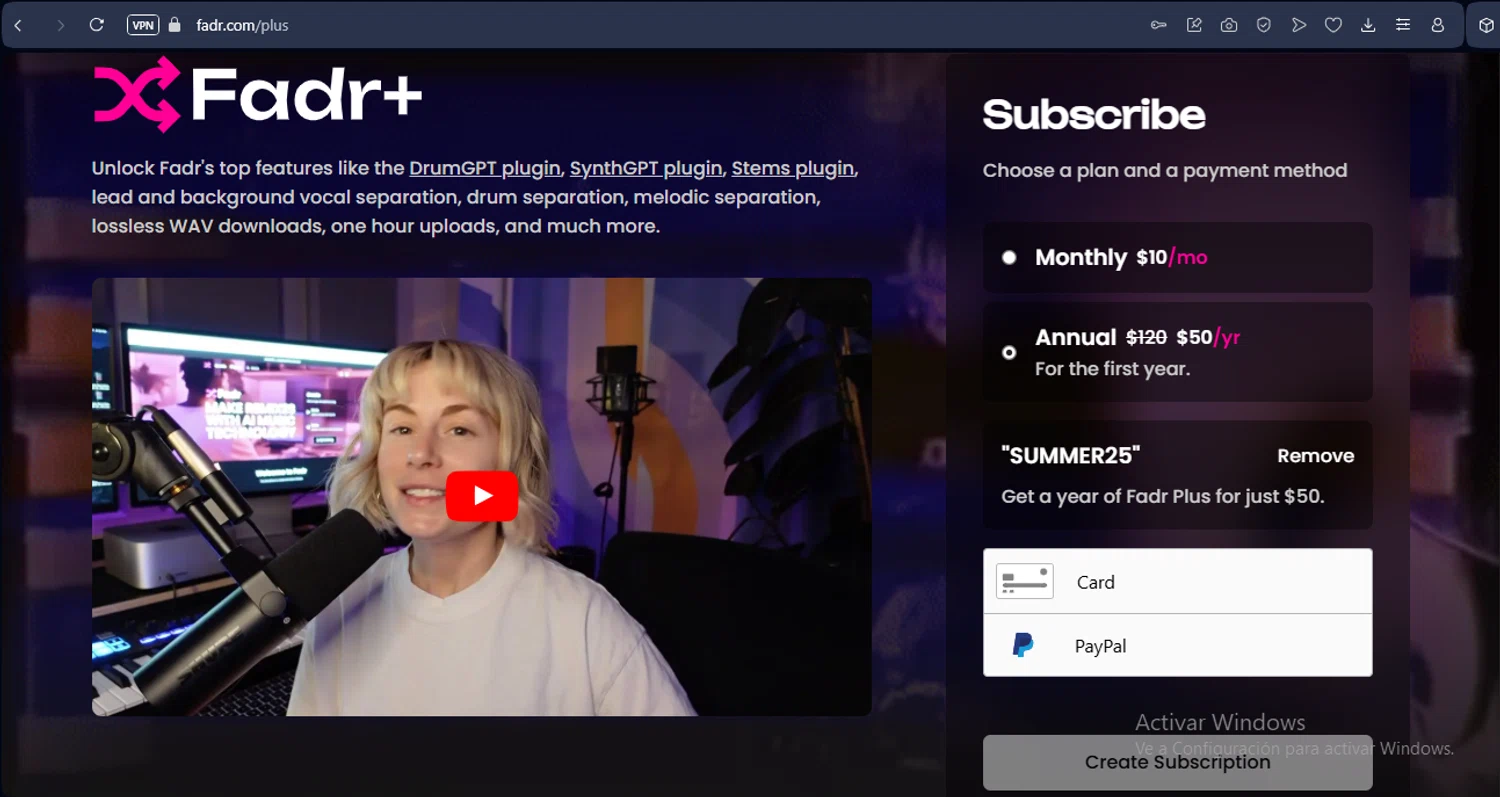 Fadr promo code screenshot showing code SUMMER25 applied at Fadr checkout page. Uploaded by SimplyCodes community member MagnificentAdmiral9096 on Oct 7, 2025