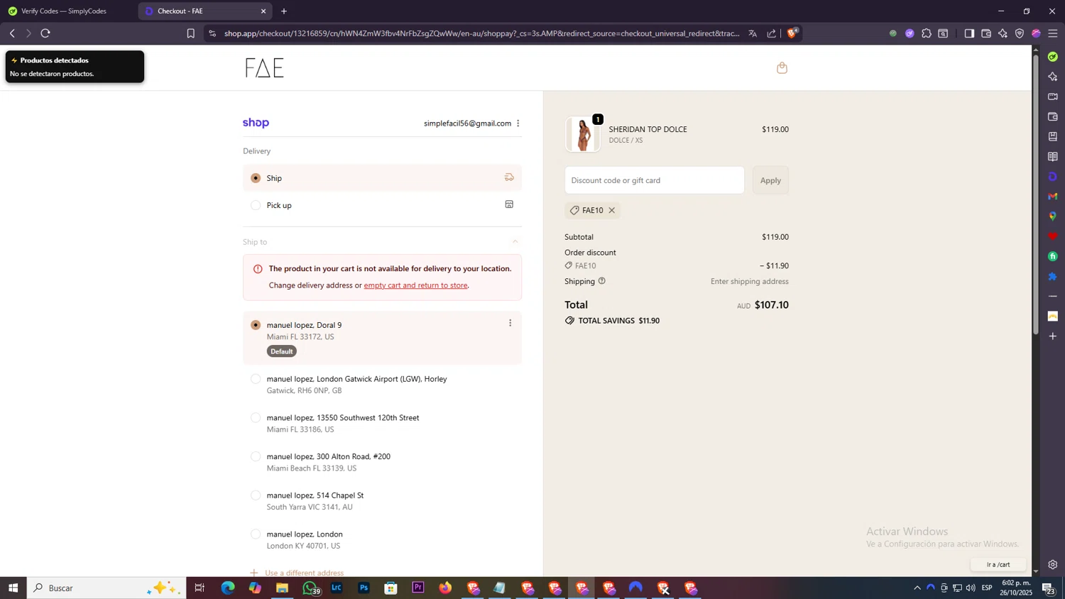 FAE promo code screenshot showing code FAE10 applied at FAE checkout page. Uploaded by SimplyCodes community member SilverSentinel7889 on Oct 26, 2025