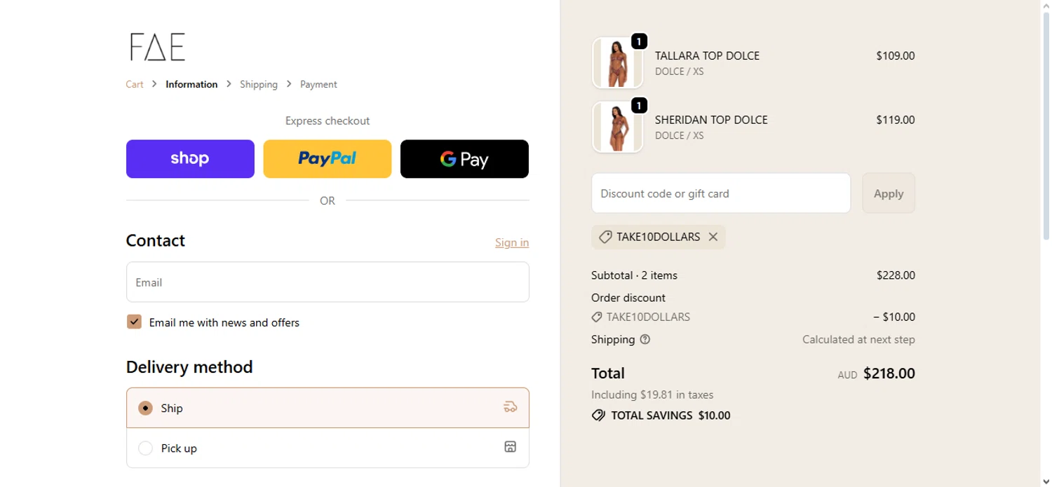 FAE promo code screenshot showing code TAKE10DOLLARS applied at FAE checkout page. Uploaded by SimplyCodes community member Nubelinda on Oct 26, 2025