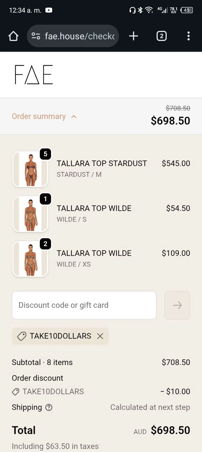 FAE promo code screenshot showing code TAKE10DOLLARS applied at FAE checkout page. Uploaded by SimplyCodes community member Rafita on Nov 19, 2025