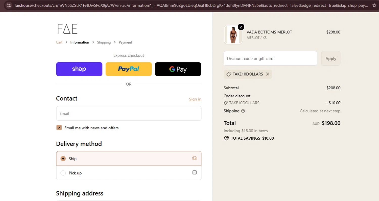 FAE promo code screenshot showing code TAKE10DOLLARS applied at FAE checkout page. Uploaded by SimplyCodes community member Teamgorila on Nov 19, 2025