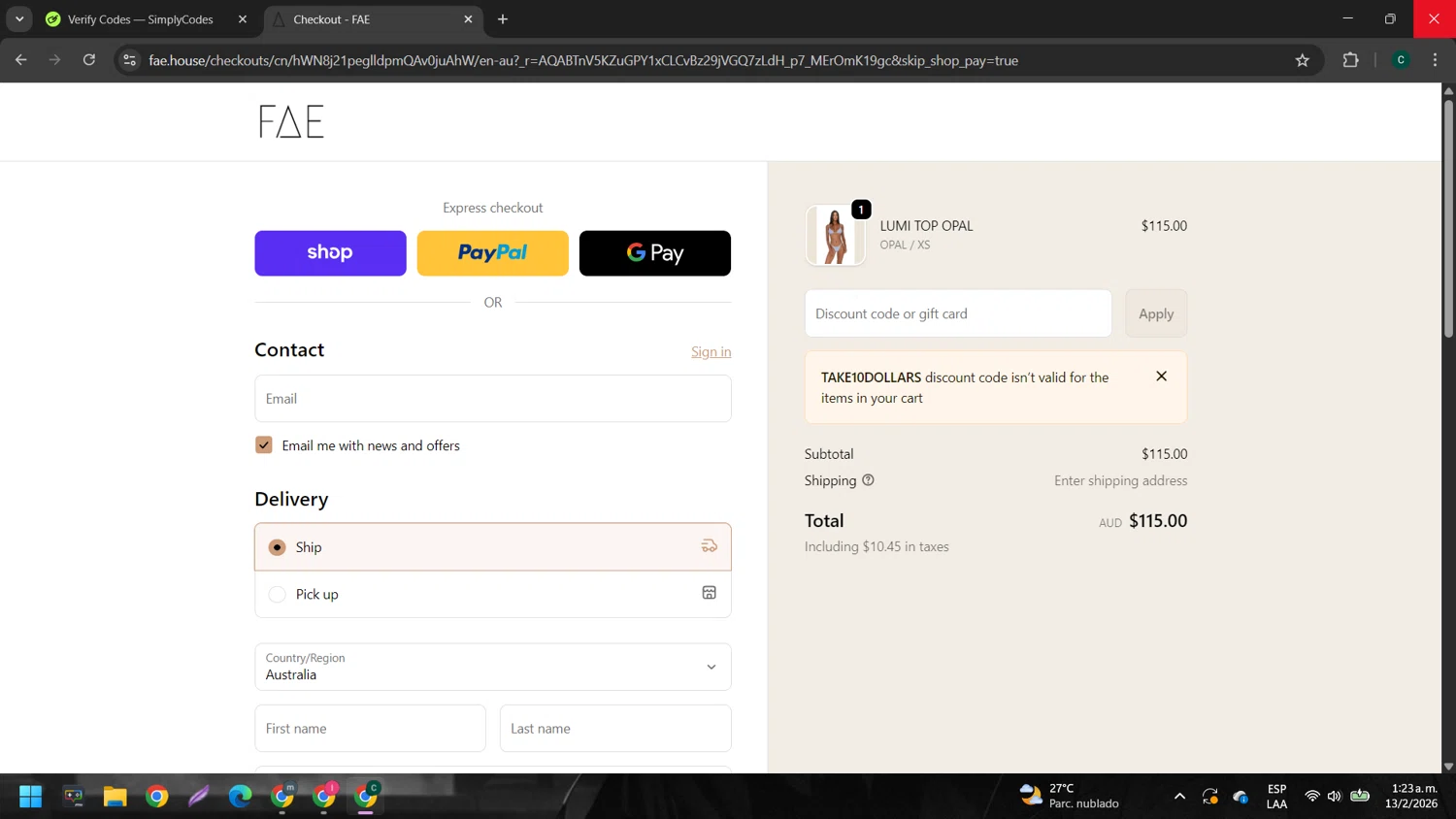 FAE checkout page showing FAE promo code box | Screenshot taken by SimplyCodes community member on Feb 13, 2026