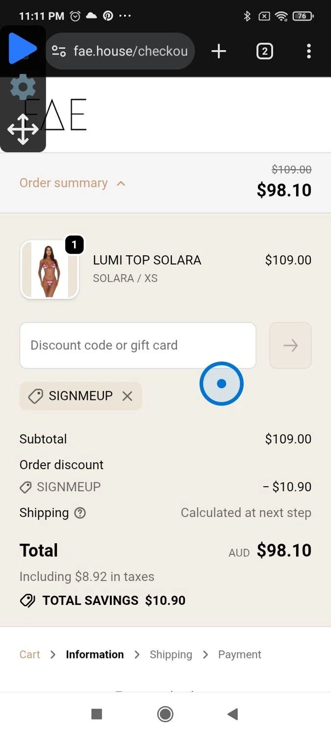 FAE promo code screenshot showing code signmeup applied at FAE checkout page. Uploaded by SimplyCodes community member Papiex on Jan 22, 2026