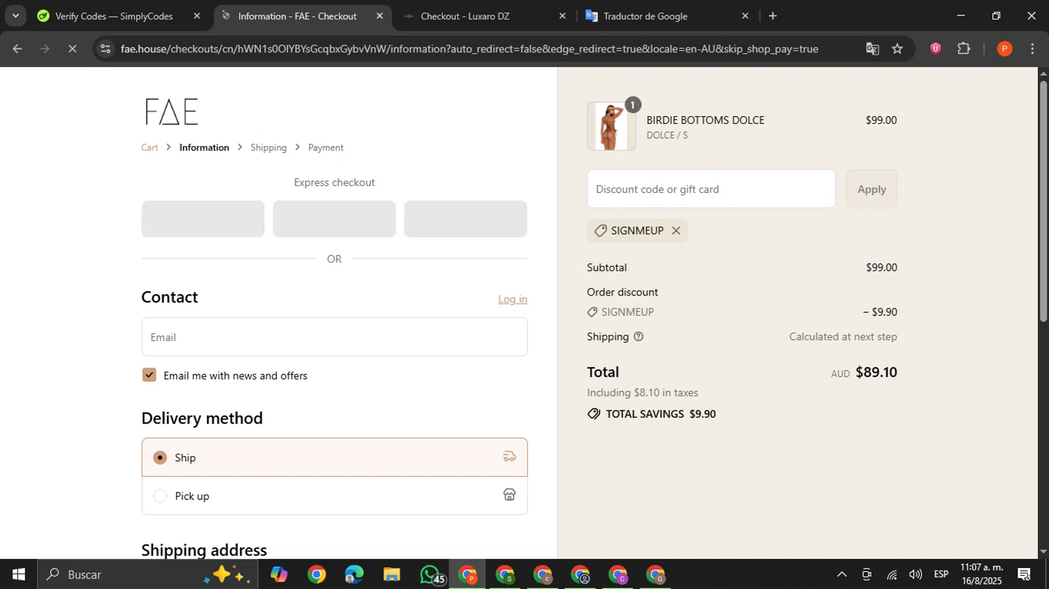 FAE promo code screenshot showing code signmeup applied at FAE checkout page. Uploaded by SimplyCodes community member VictoriousCaptain2658 on Aug 16, 2025
