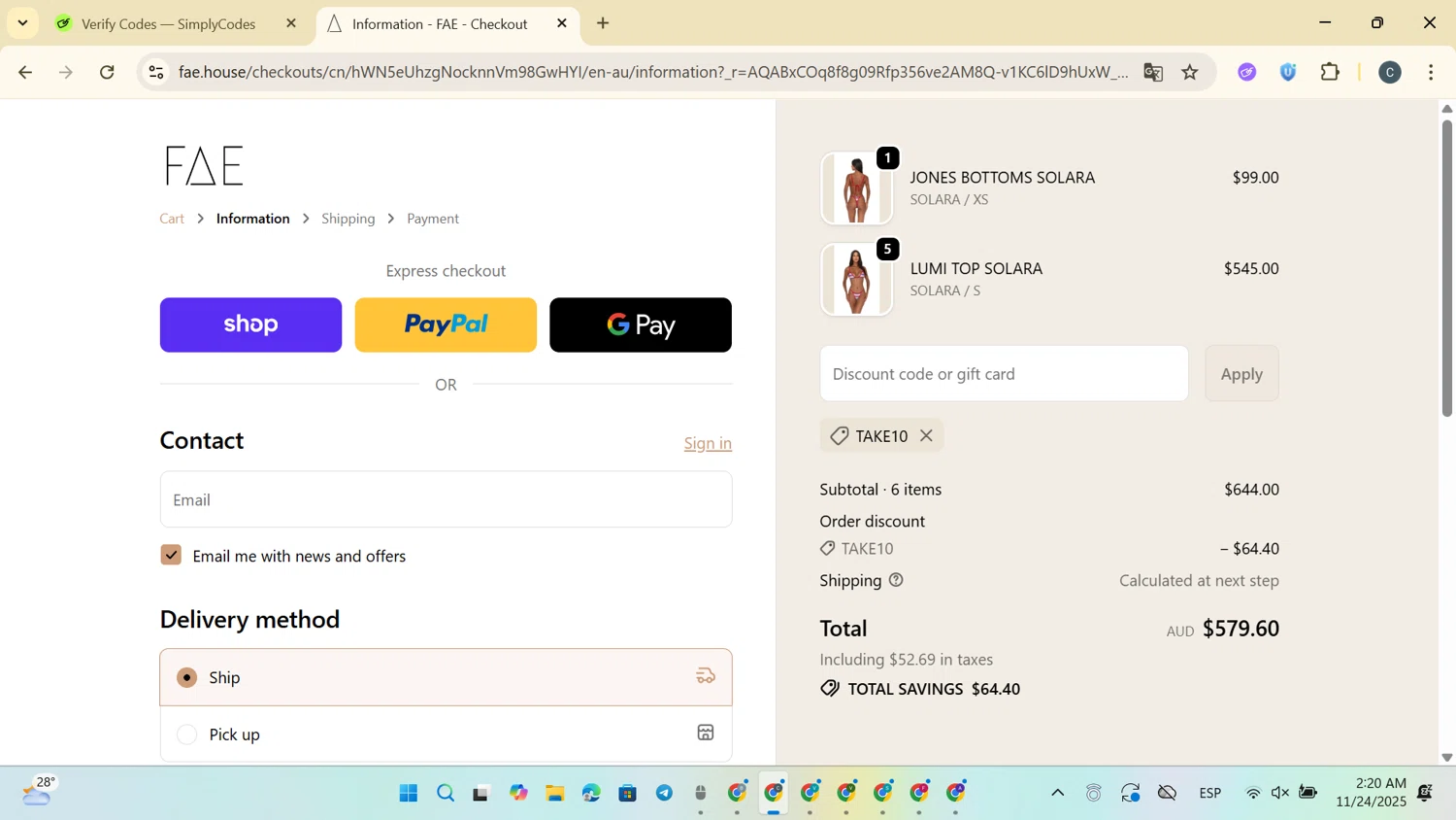 FAE promo code screenshot showing code TAKE10 applied at FAE checkout page. Uploaded by SimplyCodes community member SaleVirtuoso3791 on Nov 24, 2025