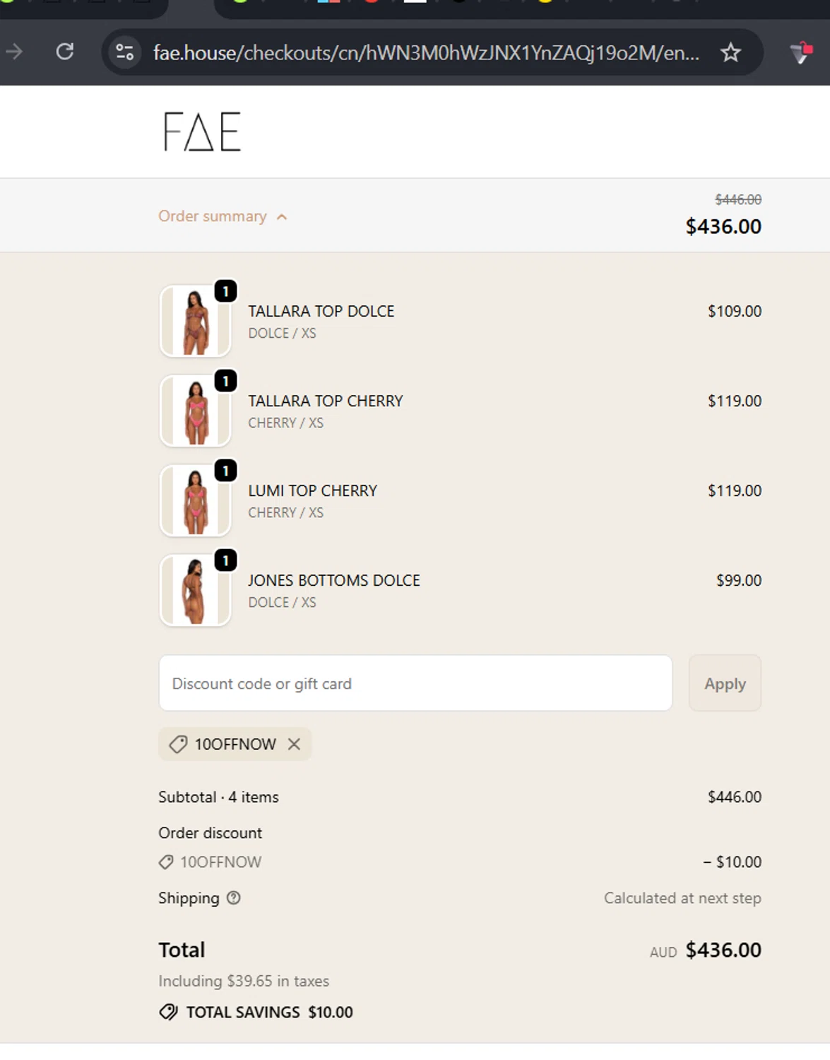 FAE promo code screenshot showing code 10OFFNOW applied at FAE checkout page. Uploaded by SimplyCodes community member RafaLB on Sep 24, 2025