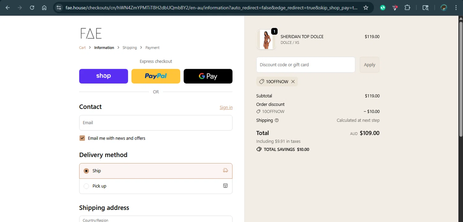 FAE promo code screenshot showing code 10OFFNOW applied at FAE checkout page. Uploaded by SimplyCodes community member xAngel on Oct 26, 2025