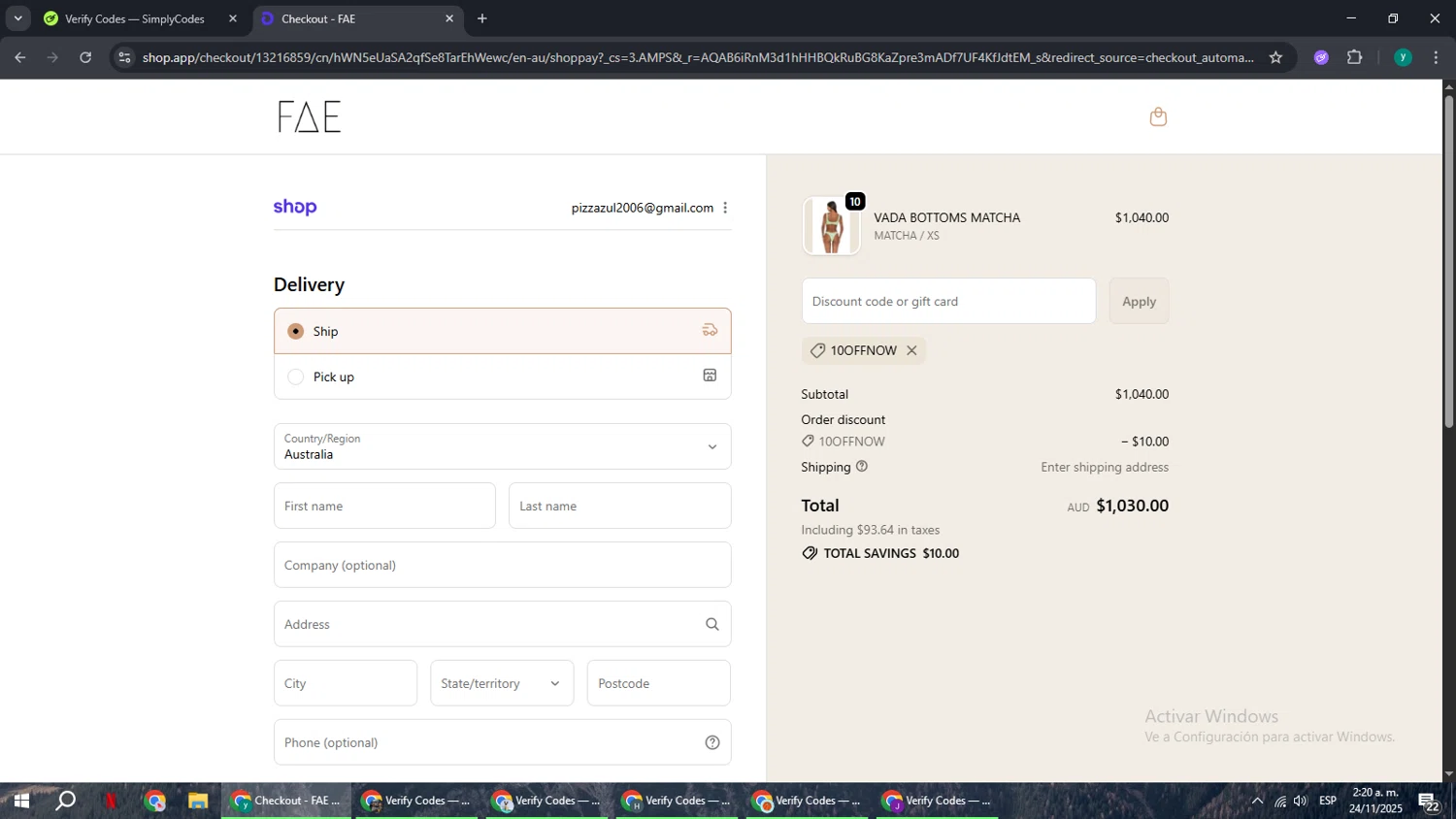 FAE promo code screenshot showing code 10OFFNOW applied at FAE checkout page. Uploaded by SimplyCodes community member xxdddd on Nov 24, 2025