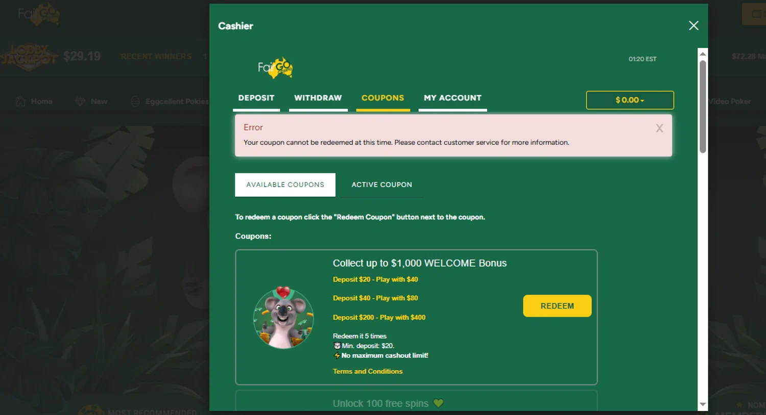 Fair Go Casino coupon code screenshot showing code WELCOME applied at Fair Go Casino checkout page. Uploaded by SimplyCodes community member SimplyCVerlie on Apr 16, 2025