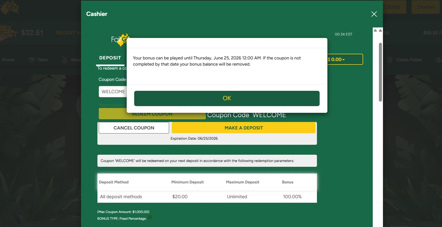 Fair Go Casino coupon code screenshot showing code WELCOME applied at Fair Go Casino checkout page. Uploaded by SimplyCodes community member jade5416625024720 on Jun 25, 2025