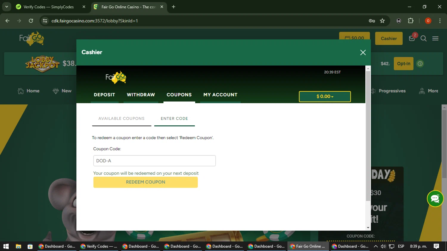 Fair Go Casino checkout page showing Fair Go Casino coupon code box | Screenshot taken by SimplyCodes community member on Jun 5, 2024