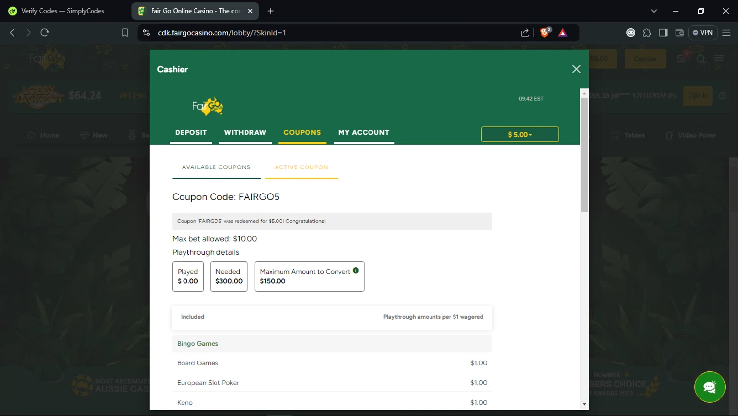 Fair Go Casino coupon code screenshot showing code FAIRGO5 applied at Fair Go Casino checkout page. Uploaded by SimplyCodes community member ValiantHunter5929 on Dec 31, 2024