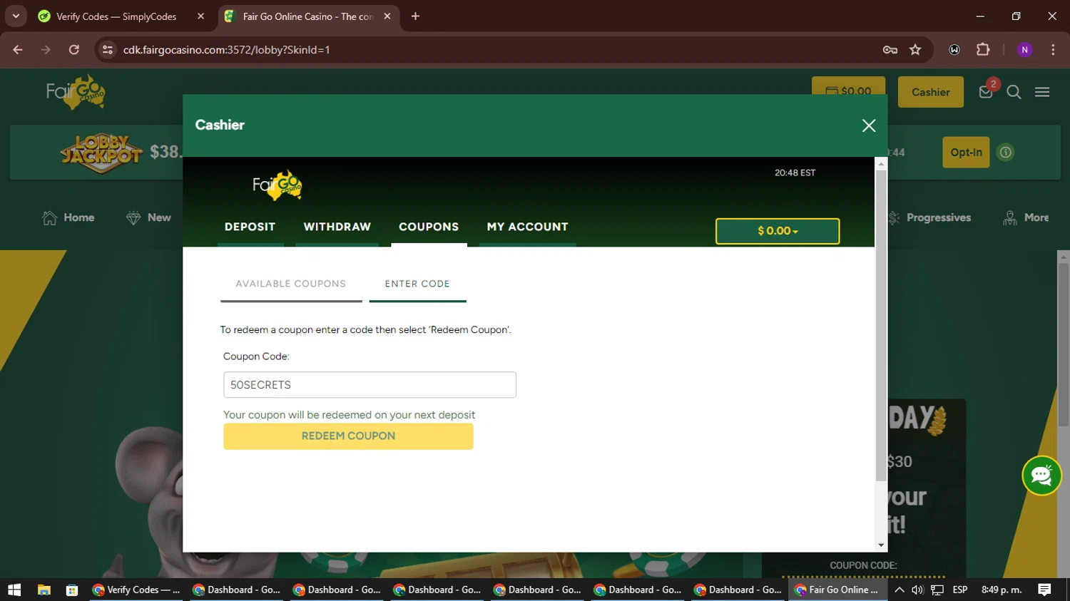 Fair Go Casino checkout page showing Fair Go Casino coupon code box | Screenshot taken by SimplyCodes community member on Jun 5, 2024
