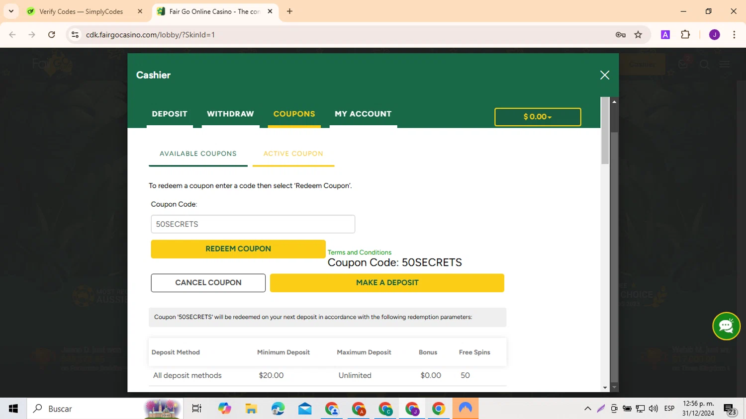 Fair Go Casino coupon code screenshot showing code 50SECRETS applied at Fair Go Casino checkout page. Uploaded by SimplyCodes community member SmartMonarch9718 on Dec 31, 2024