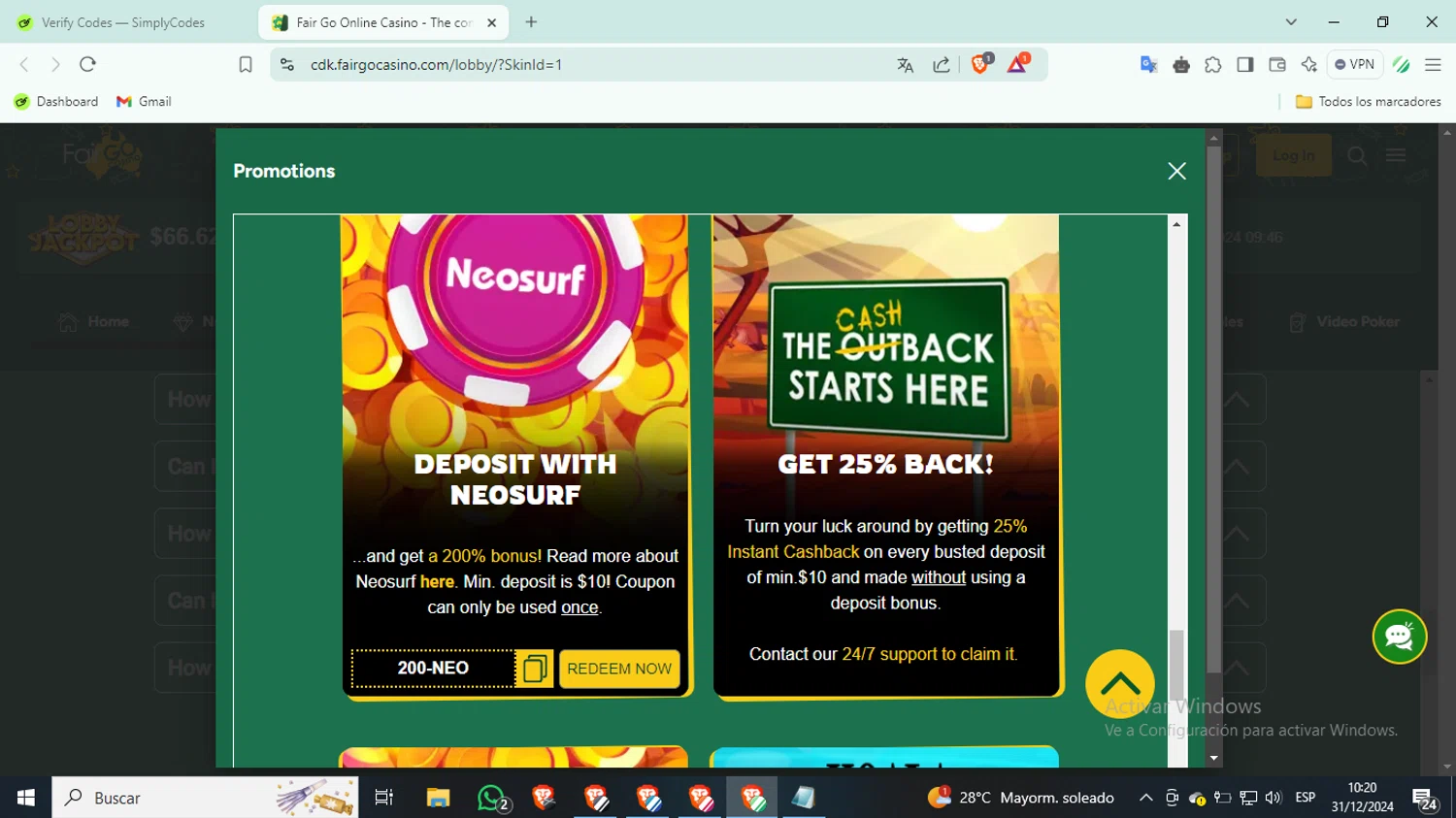Fair Go Casino coupon code screenshot showing code 200-NEO applied at Fair Go Casino checkout page. Uploaded by SimplyCodes community member SilverKnight3628 on Dec 31, 2024