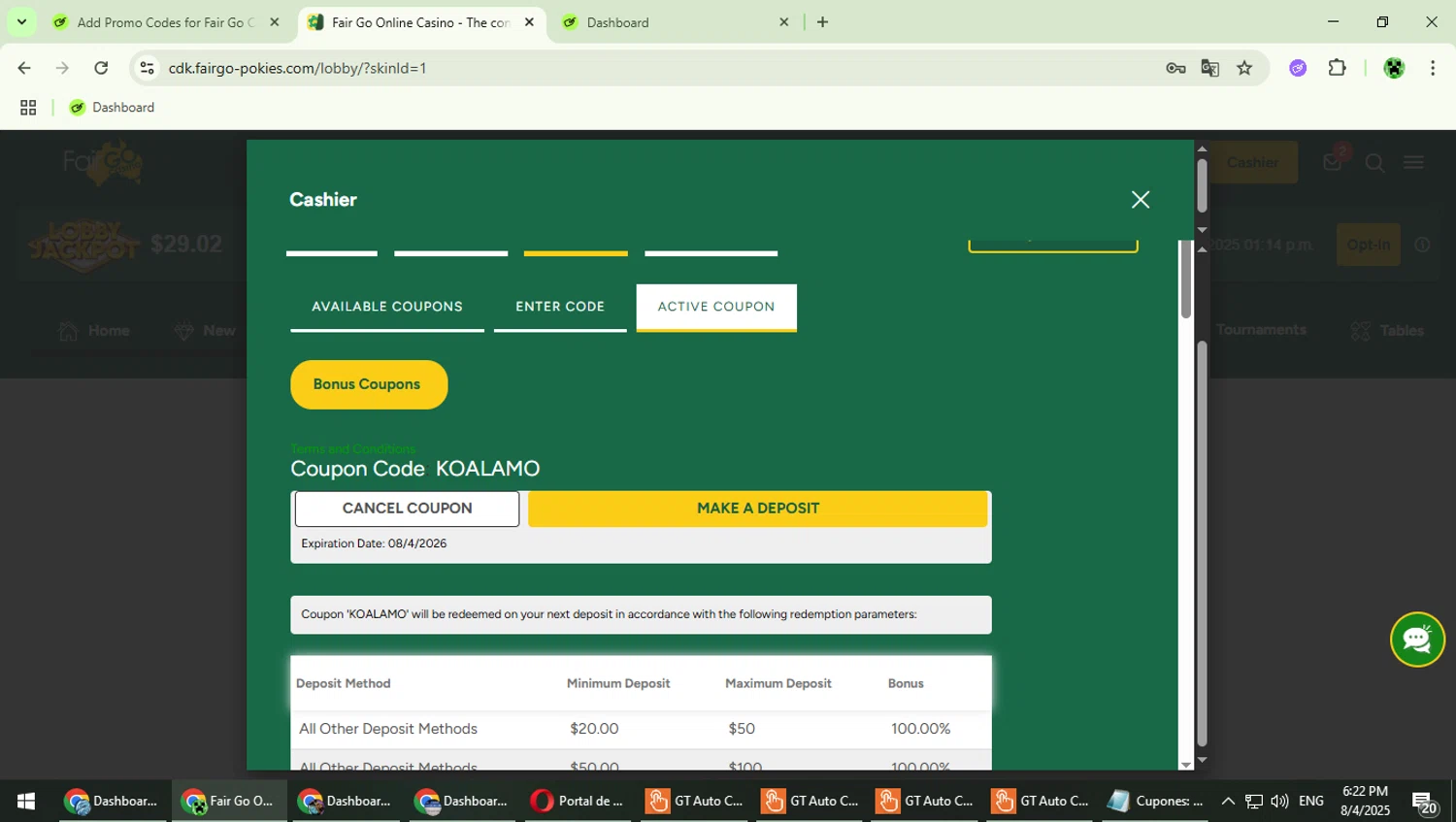 Fair Go Casino coupon code screenshot showing code KOALAMO applied at Fair Go Casino checkout page. Uploaded by SimplyCodes community member MaitoGai on Aug 4, 2025