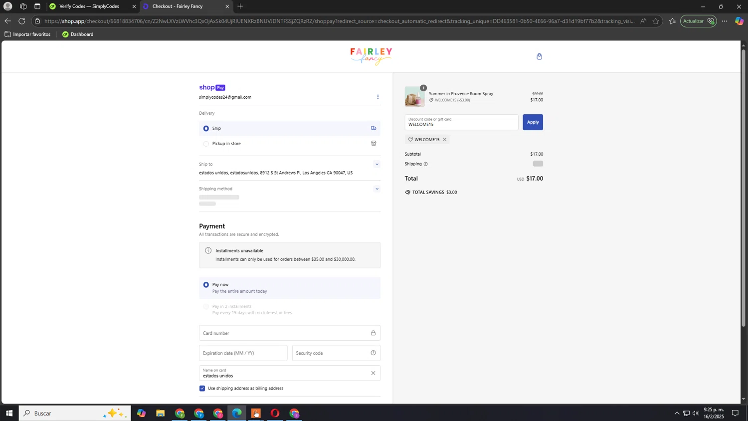 Fairley Fancy promo code screenshot showing code WELCOME15 applied at Fairley Fancy checkout page. Uploaded by SimplyCodes community member Akatsuki on Feb 17, 2025
