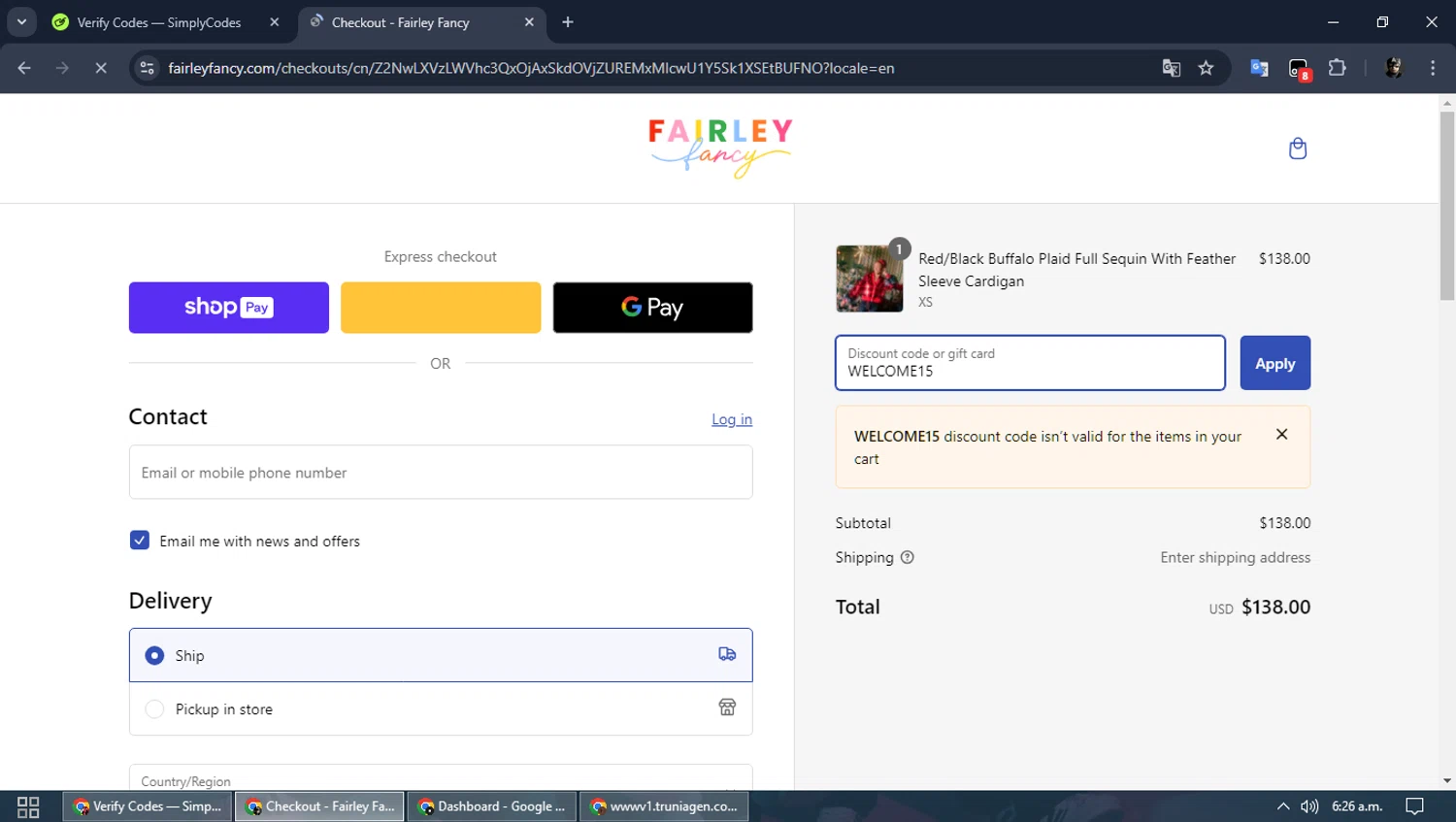 Fairley Fancy promo code screenshot showing code WELCOME15 applied at Fairley Fancy checkout page. Uploaded by SimplyCodes community member TEAMSimplyCodes on Jan 3, 2025