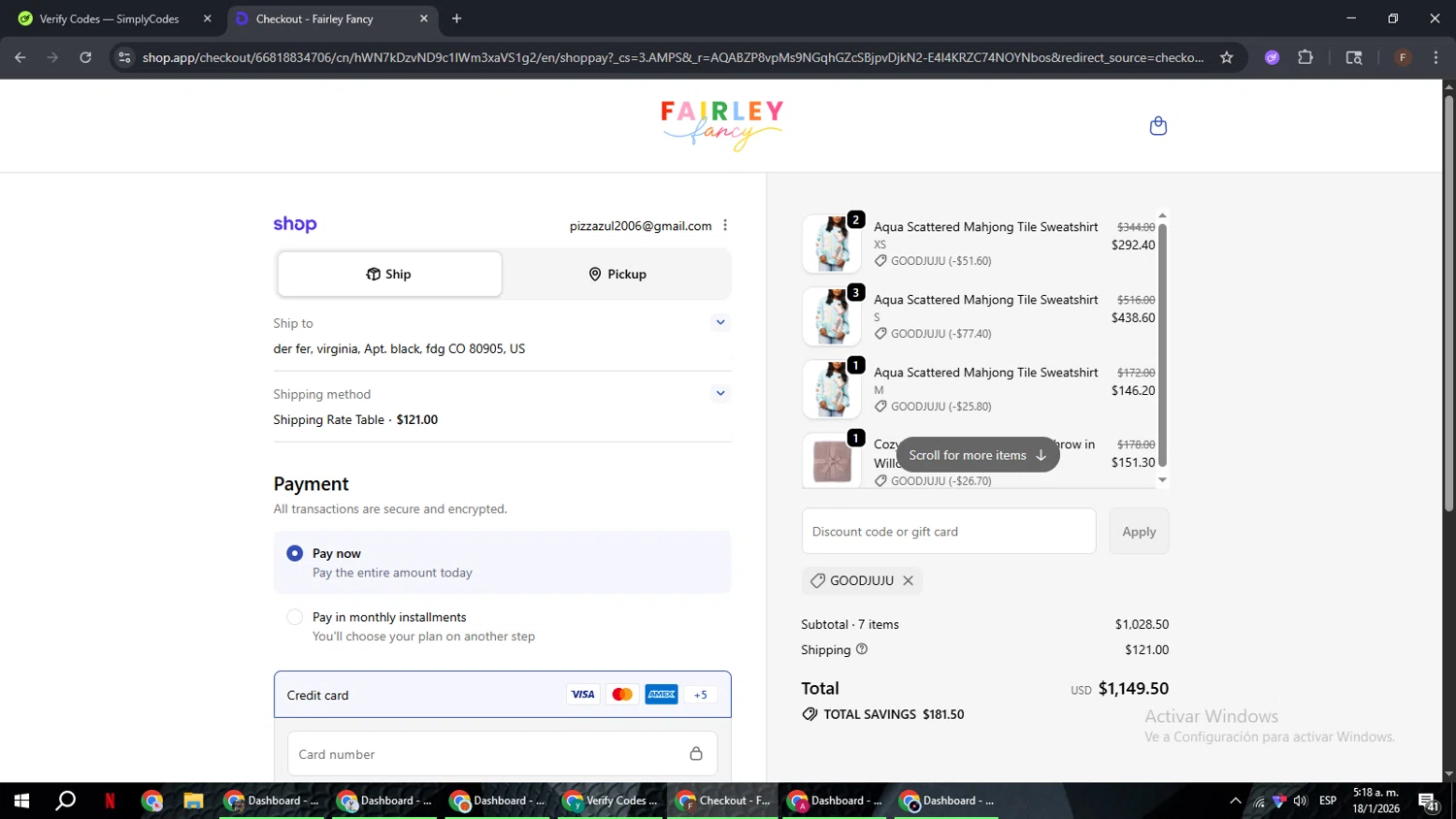 Fairley Fancy checkout page showing Fairley Fancy promo code box | Screenshot taken by SimplyCodes community member on Jan 18, 2026