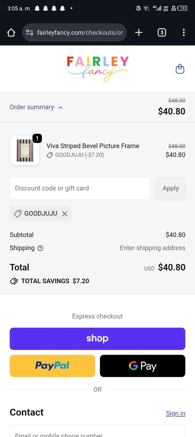 Fairley Fancy checkout page showing Fairley Fancy promo code box | Screenshot taken by SimplyCodes community member on Jan 8, 2026