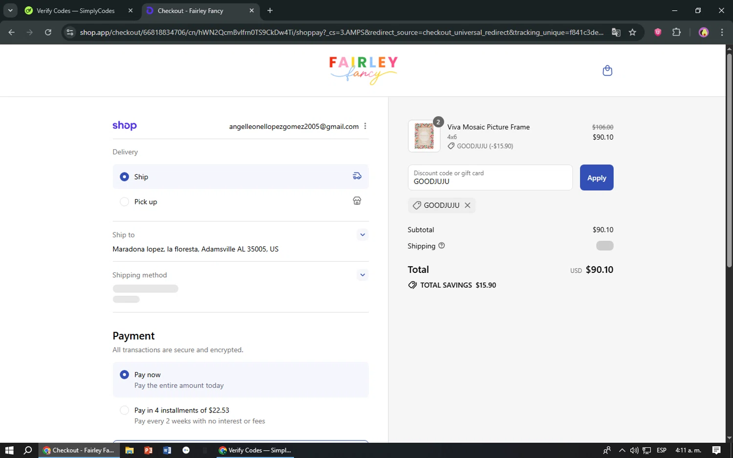 Fairley Fancy promo code screenshot showing code GOODJUJU applied at Fairley Fancy checkout page. Uploaded by SimplyCodes community member TreasureShopper9156 on Aug 31, 2025