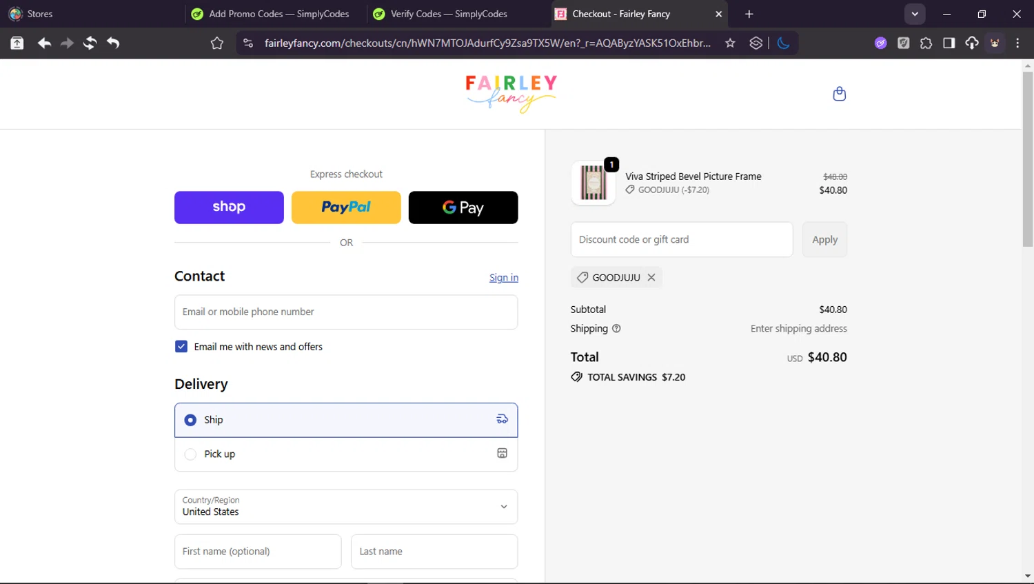 Fairley Fancy checkout page showing Fairley Fancy promo code box | Screenshot taken by SimplyCodes community member on Jan 8, 2026
