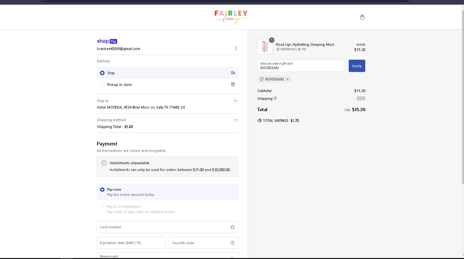 Fairley Fancy promo code screenshot showing code GOODJUJU applied at Fairley Fancy checkout page. Uploaded by SimplyCodes community member carlosra07 on Jan 6, 2025