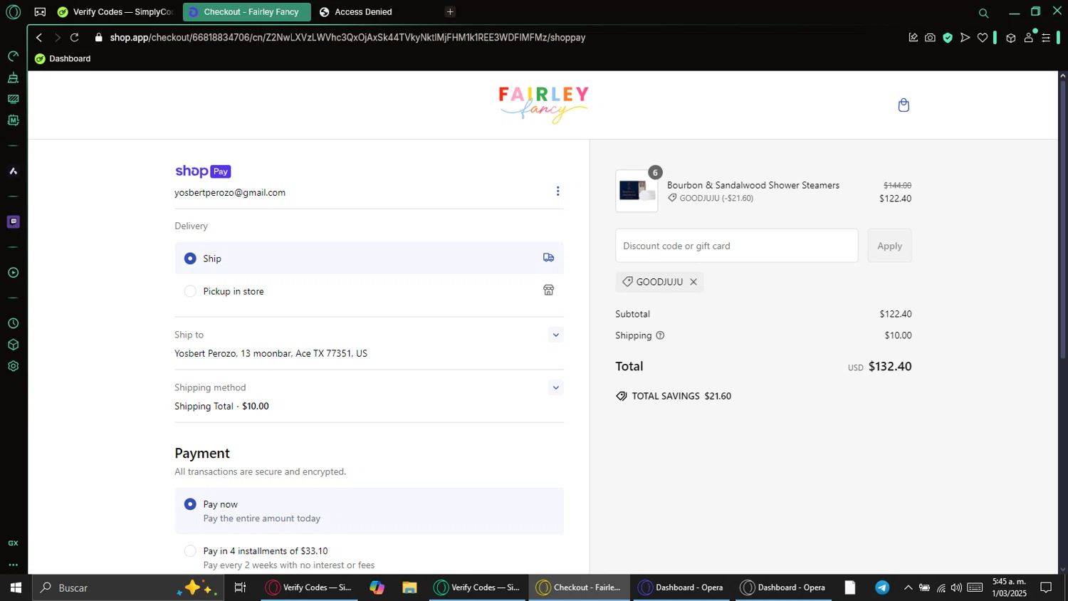 Fairley Fancy promo code screenshot showing code GOODJUJU applied at Fairley Fancy checkout page. Uploaded by SimplyCodes community member Code_339264826 on Mar 1, 2025
