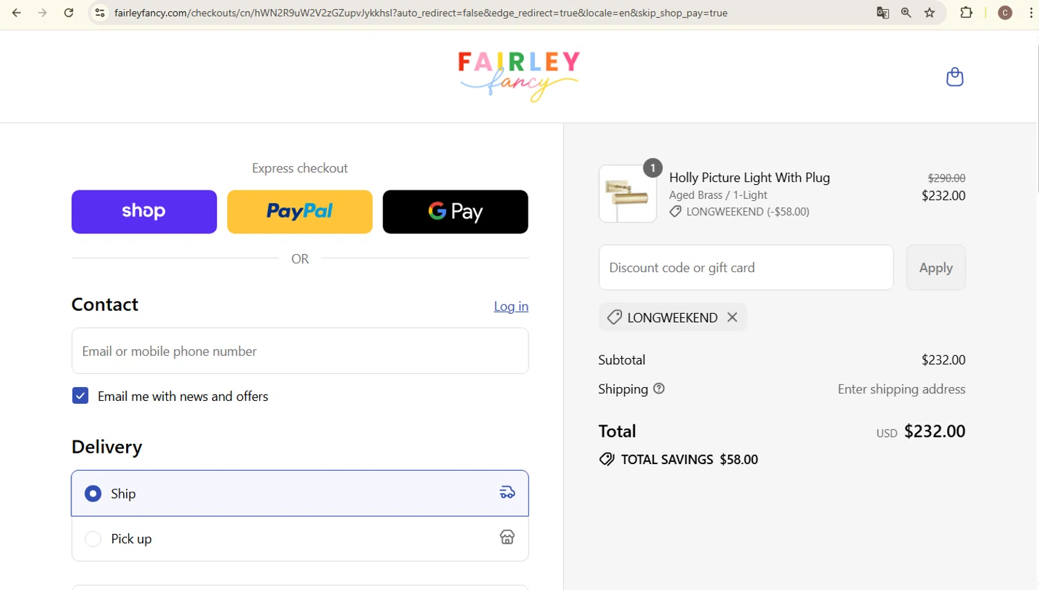 Fairley Fancy promo code screenshot showing code LONGWEEKEND applied at Fairley Fancy checkout page. Uploaded by SimplyCodes community member carlosra07 on Aug 31, 2025