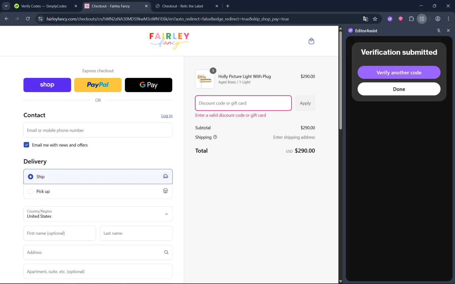 Fairley Fancy promo code screenshot showing code LONGWEEKEND applied at Fairley Fancy checkout page. Uploaded by SimplyCodes community member juan1702 on Sep 4, 2025