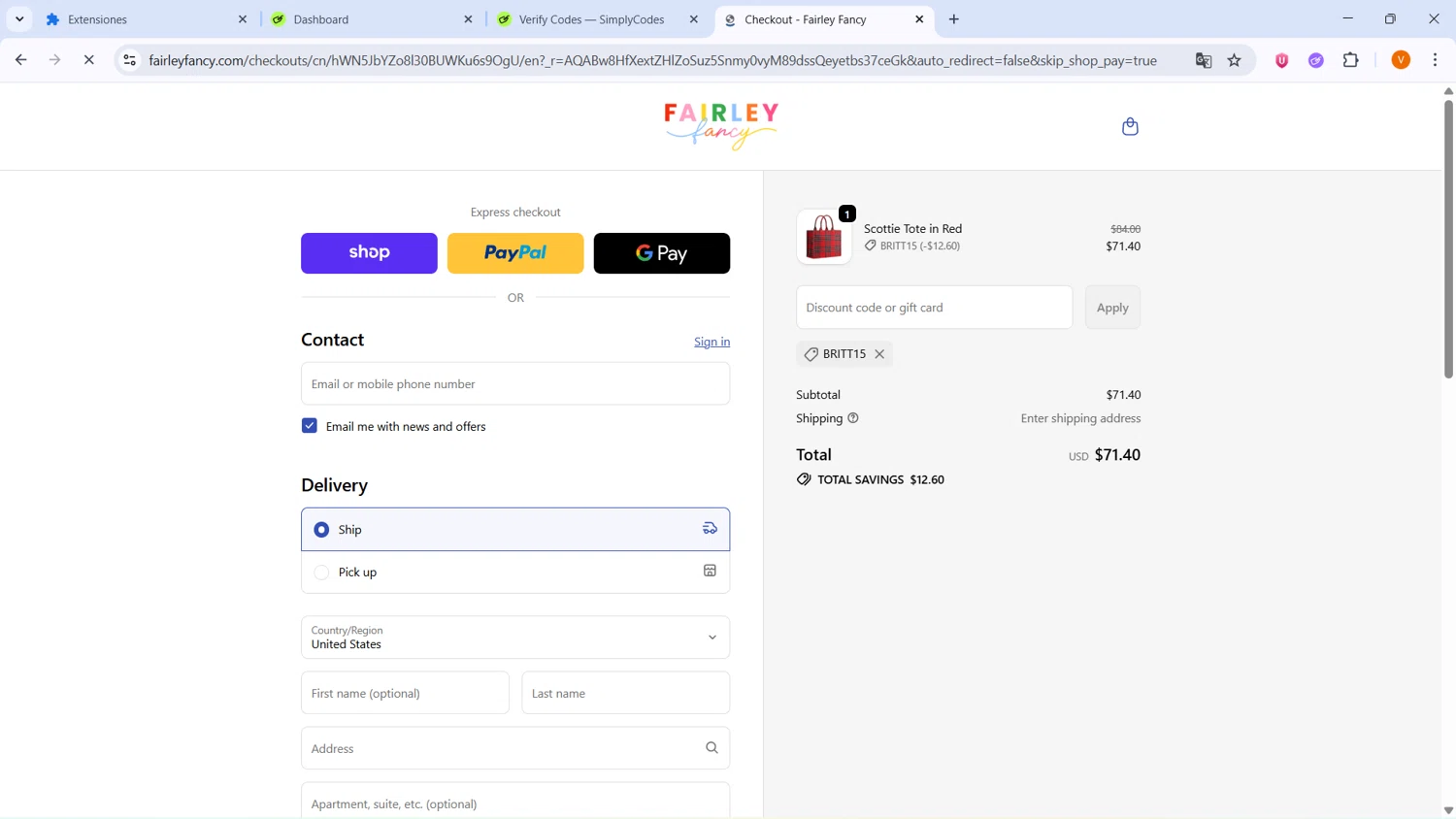 Fairley Fancy promo code screenshot showing code BRITT15 applied at Fairley Fancy checkout page. Uploaded by SimplyCodes community member BrilliantLion4485 on Nov 15, 2025