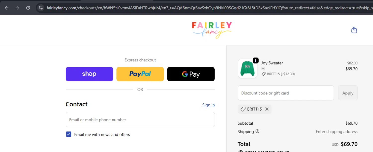 Fairley Fancy promo code screenshot showing code BRITT15 applied at Fairley Fancy checkout page. Uploaded by SimplyCodes community member Mulan5674851292422 on Nov 30, 2025