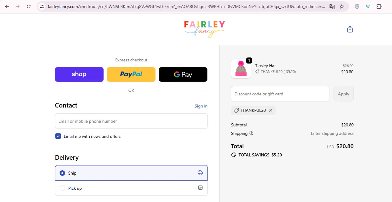 Fairley Fancy promo code screenshot showing code thankful20 applied at Fairley Fancy checkout page. Uploaded by SimplyCodes community member carol_lameda on Nov 25, 2025
