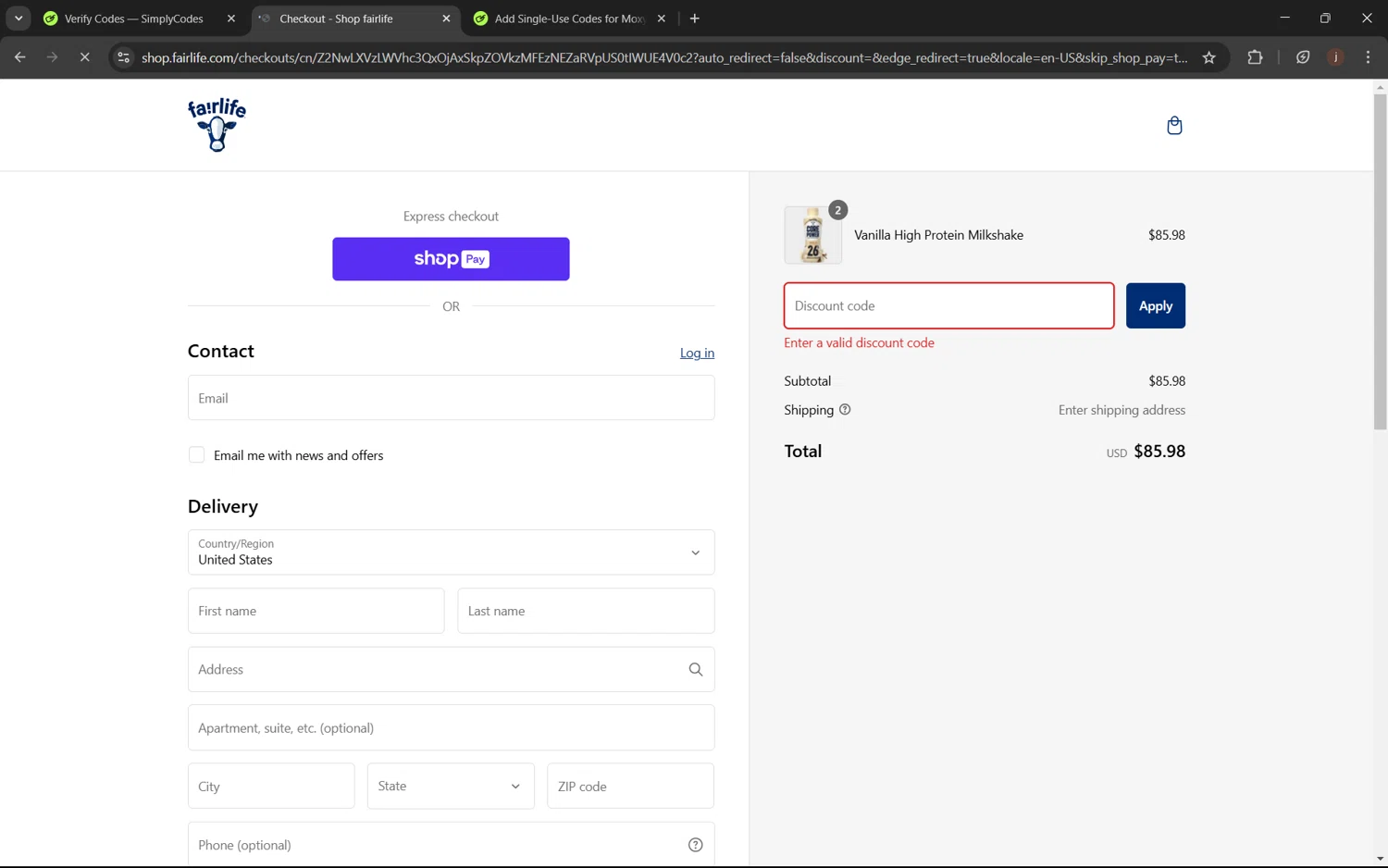 Fairlife discount code screenshot showing code new10 applied at Fairlife checkout page. Uploaded by SimplyCodes community member juanx1702 on Jan 31, 2025