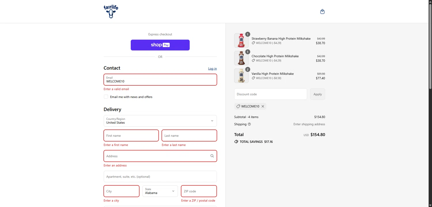 Fairlife checkout page showing Fairlife discount code box | Screenshot taken by SimplyCodes community member on Jul 15, 2025
