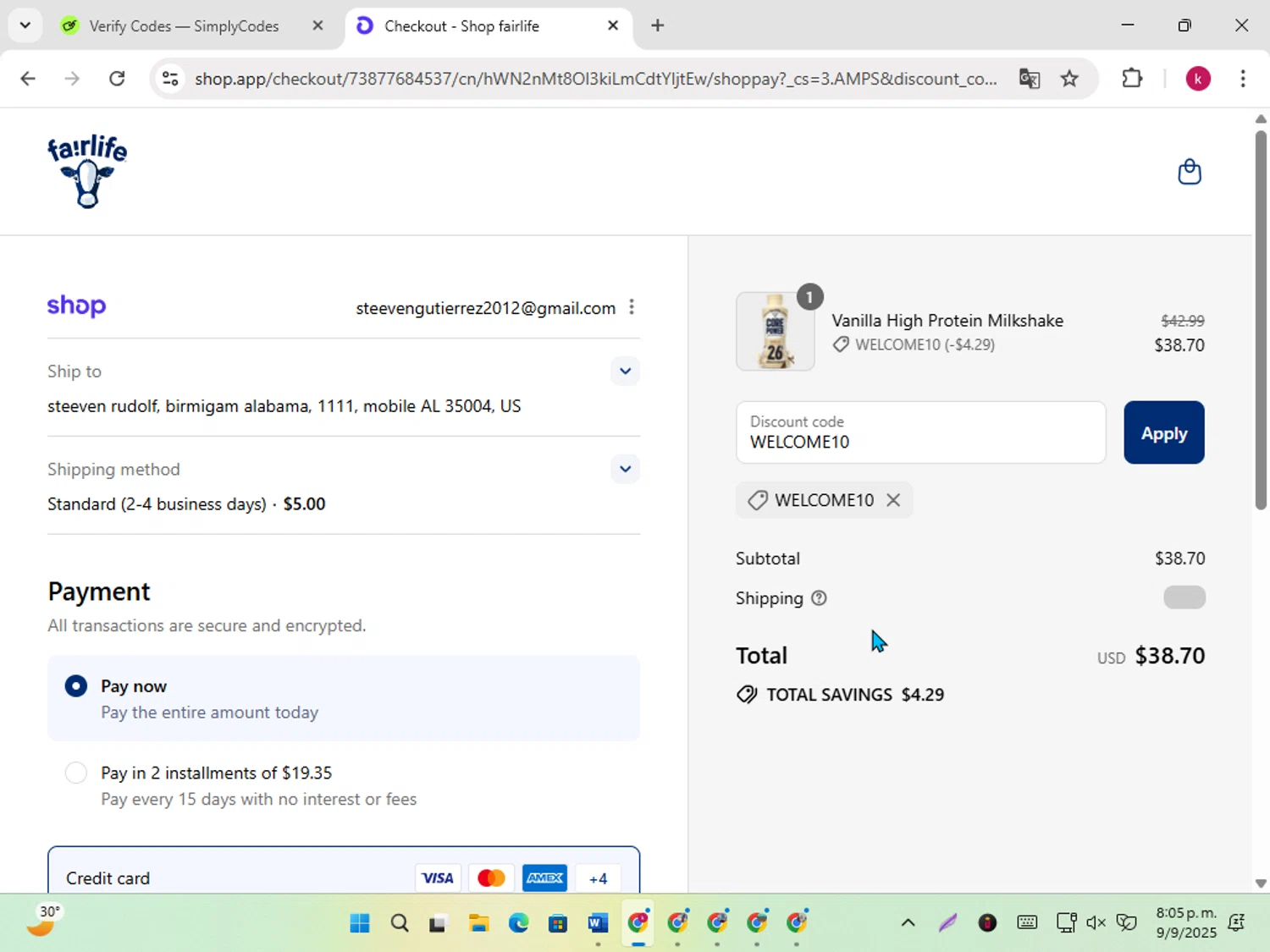 Fairlife discount code screenshot showing code WELCOME10 applied at Fairlife checkout page. Uploaded by SimplyCodes community member karoline on Sep 10, 2025