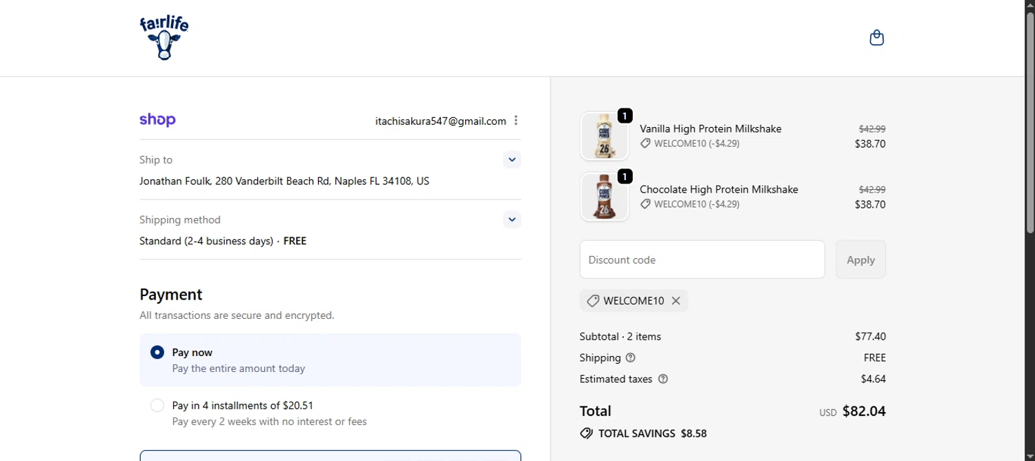 Fairlife discount code screenshot showing code WELCOME10 applied at Fairlife checkout page. Uploaded by SimplyCodes community member noworries on Oct 22, 2025