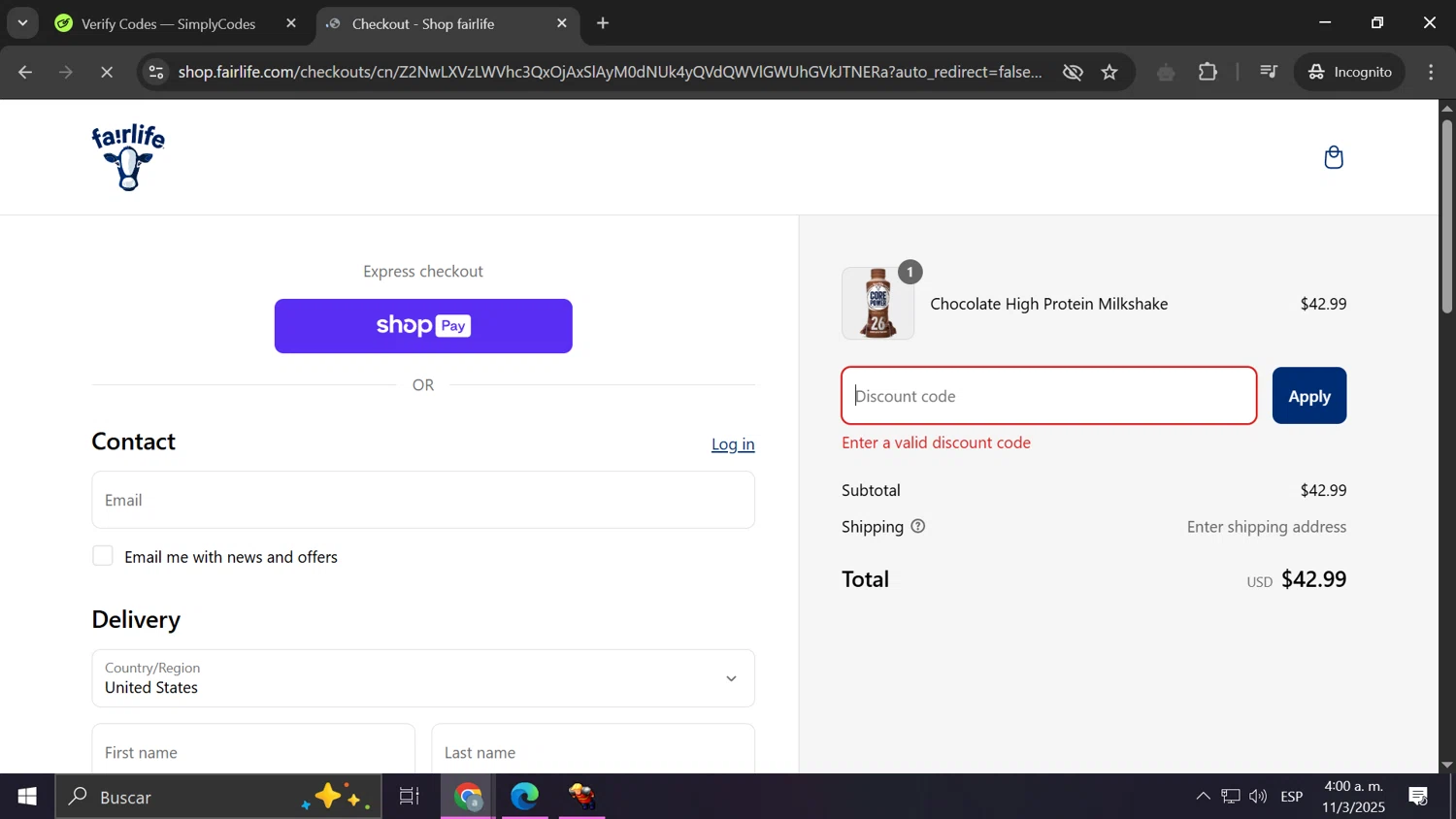 Fairlife discount code screenshot showing code NYNY25 applied at Fairlife checkout page. Uploaded by SimplyCodes community member PrimeShopper662 on Mar 11, 2025