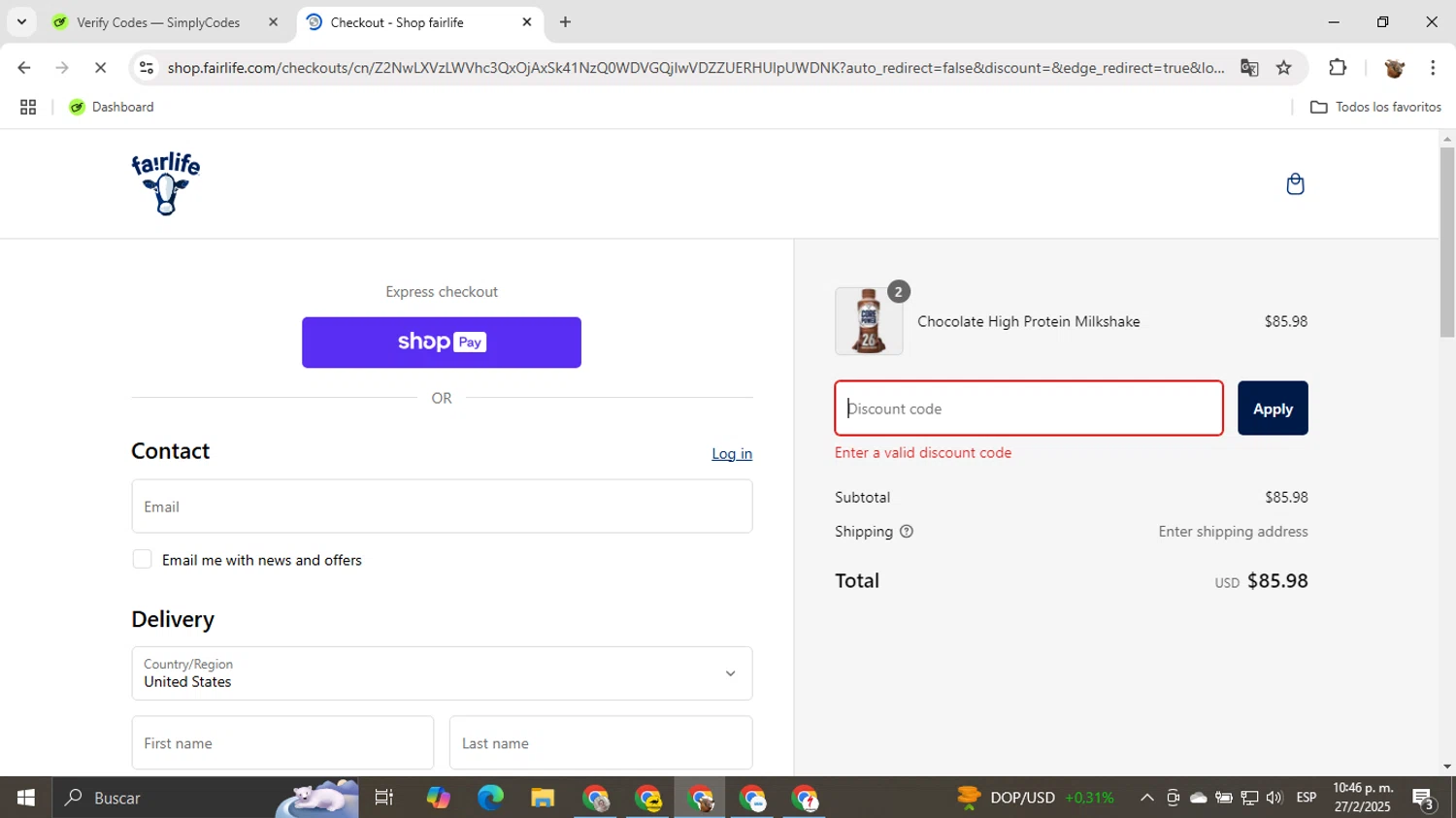 Fairlife discount code screenshot showing code NYNY25 applied at Fairlife checkout page. Uploaded by SimplyCodes community member ShrewdNavigator7649 on Feb 28, 2025