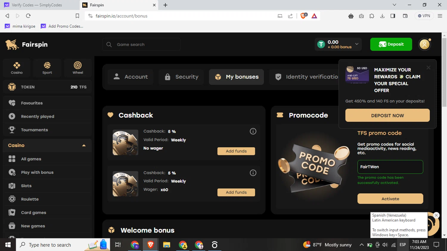 Fairspin checkout page showing Fairspin promo code box | Screenshot taken by SimplyCodes community member on Nov 24, 2023