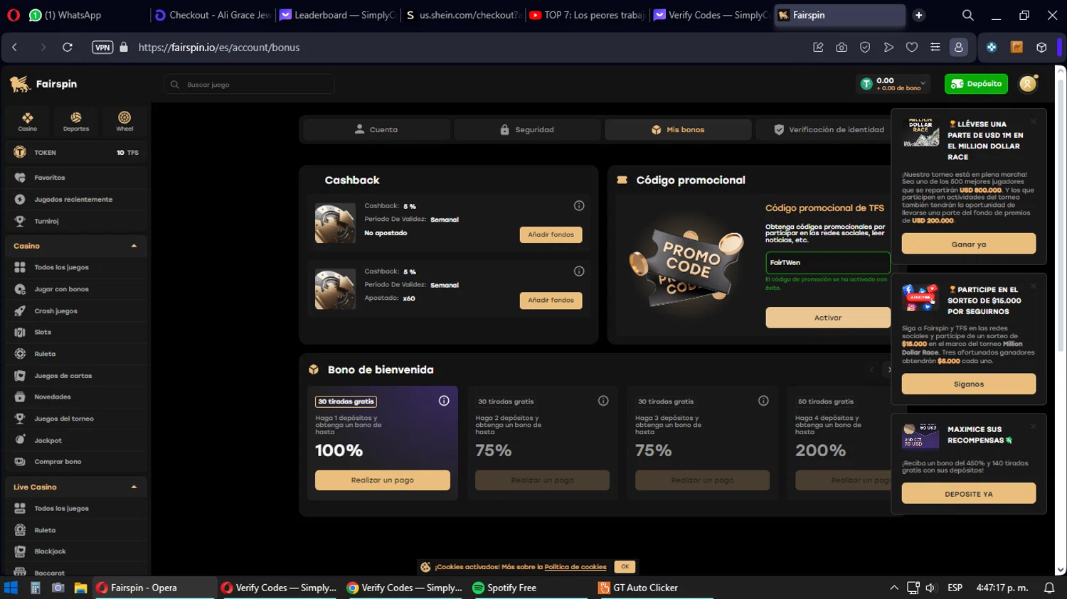 Fairspin checkout page showing Fairspin promo code box | Screenshot taken by SimplyCodes community member on Jan 28, 2024