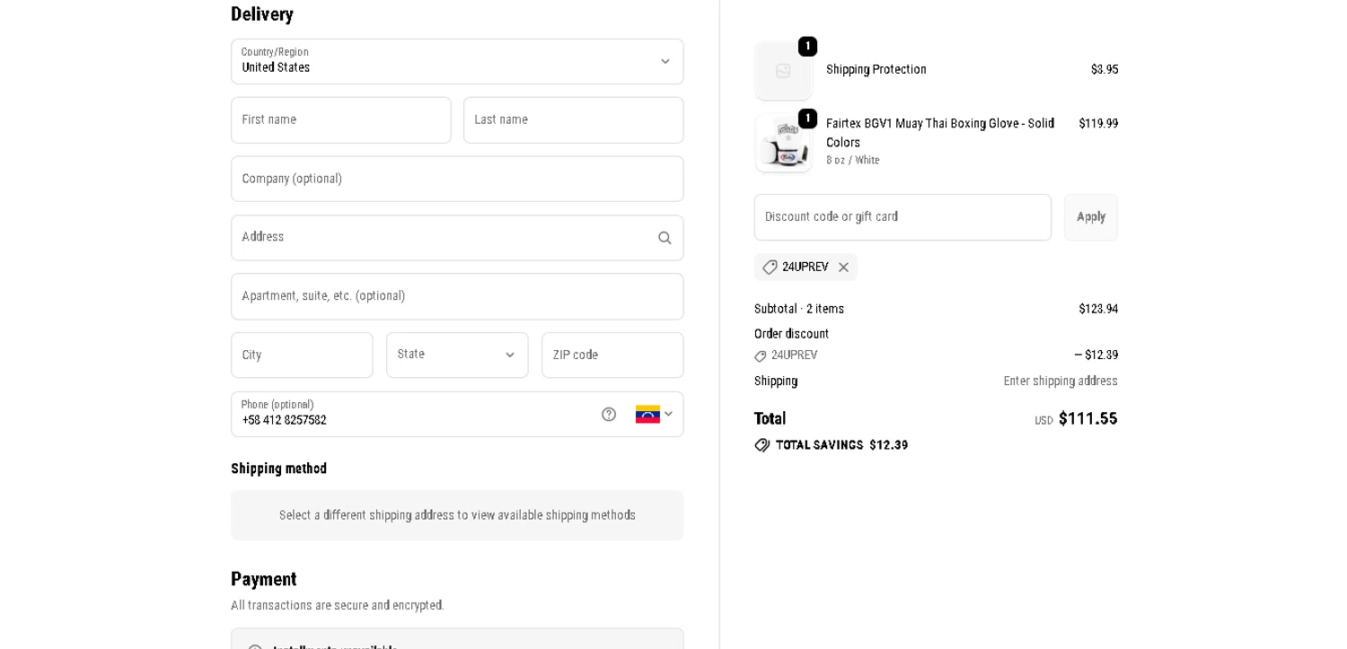 Fairtex Store promo code screenshot showing code 24UPREV applied at Fairtex Store checkout page. Uploaded by SimplyCodes community member CrownAce9258 on Dec 28, 2025